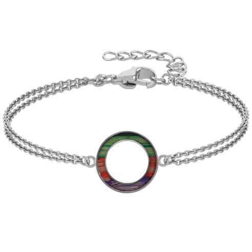 Bracelet acier - double chaine -  bois teinté multicolore clair - diamètre 18mm - épaisseur - 3mm - 15+5cm