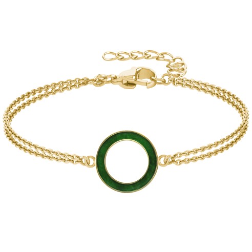 Bracelet acier - PVD doré - double chaine - bois teinté vert - diamètre 18mm - épaisseur - 3mm - 15+5cm