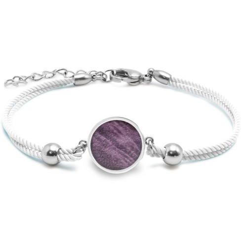 Bracelet acier - coton blanc - bois teinté violet - diamètre 15mm - 15+5cm