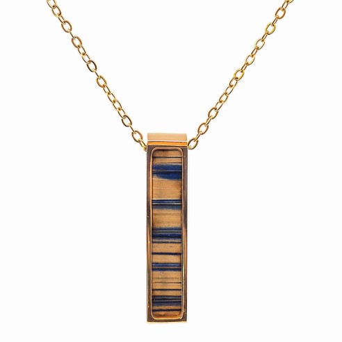 Collier acier - PVD doré - bois teinté jaune et bleu - 32x7mm - 45+10cm