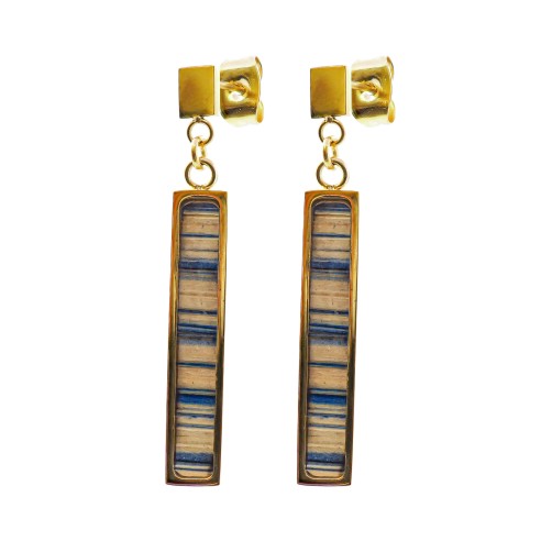 Boucles d'oreilles acier - PVD doré - bois teinté jaune et bleu - 25x5mm