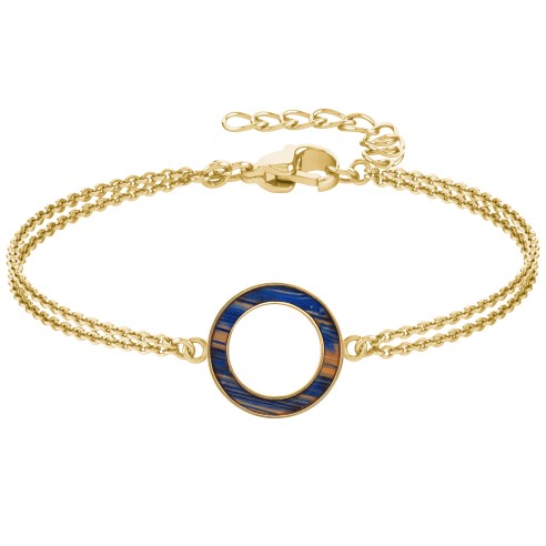 Bracelet acier - PVD doré - double chaine - bois teinté jaune et bleu - diamètre 18mm - épaisseur - 3mm - 15+5cm