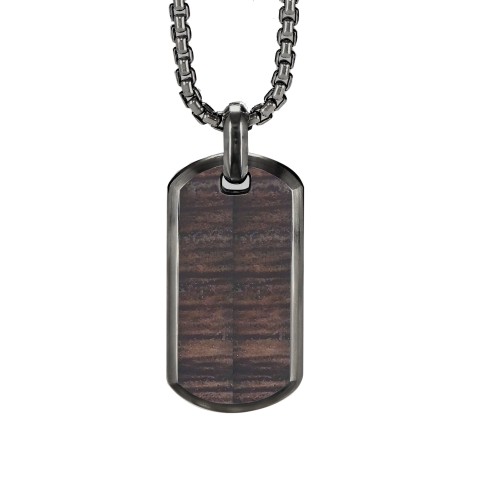 Collier en acier - PVD noir - imitation bois cerf incrusté - pendant 35x20mm - 45+10cm