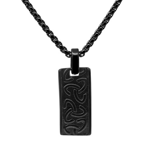 Collier en acier - PVD noir - motifs triskel - plaque 28x13mm - 45+10cm