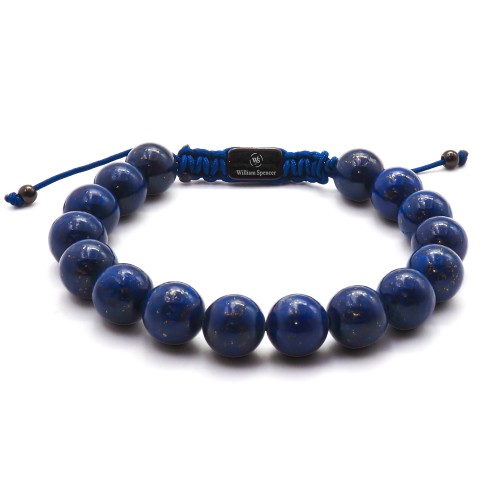 Bracelet acier - PVD noir - lapis lazuli - diamètre des billes 10mm - coton bleu foncé réglable 18-23cm