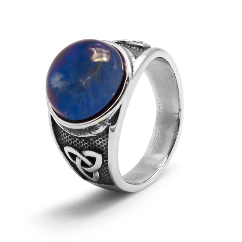 Chevalière en acier homme - finition vintage - cabochon lapis lazuli diamètre 13mm - T56 à 70