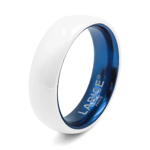 Bague en céramique blanche - intérieur aluminium bleu foncé - 6mm - Taille 50 à 64