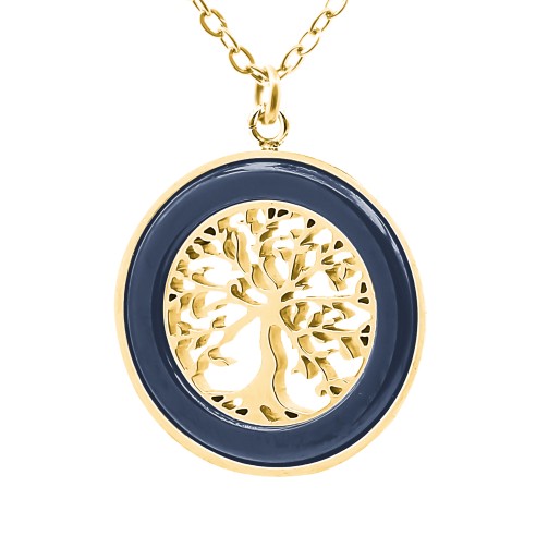 Collier acier - PVD doré - céramique bleue - arbre de vie 18mm - 40+5cm