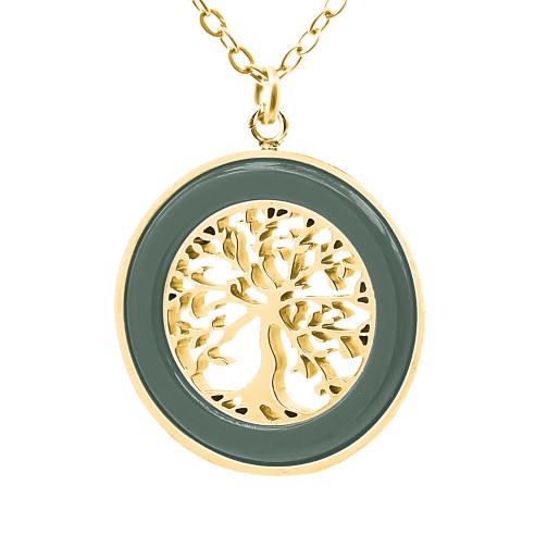 Collier acier - PVD doré - céramique verte - arbre de vie 18mm - 40+5cm