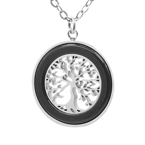 Collier acier - céramique noire - arbre de vie 18mm - 40+5cm