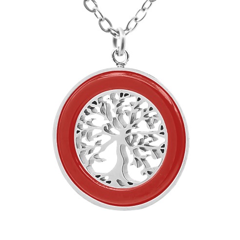 Collier acier - céramique rouge - arbre de vie 18mm - 40+5cm