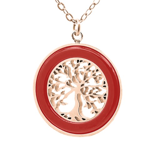 Collier acier - PVD rosé - céramique rouge - arbre de vie 18mm - 40+5cm