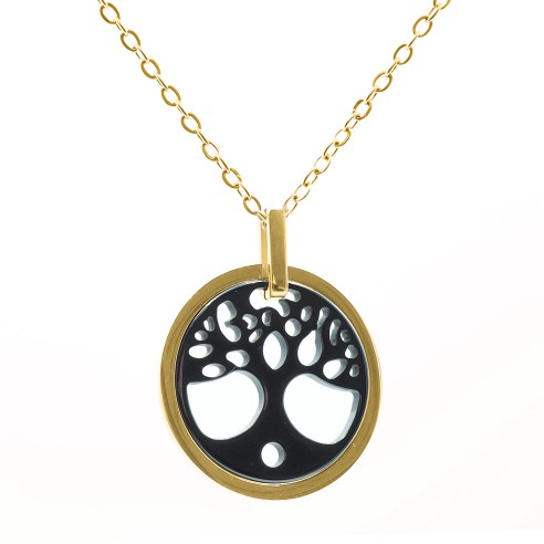 Collier acier - PVD doré - céramique noire - arbre de vie 22mm - 40+10cm