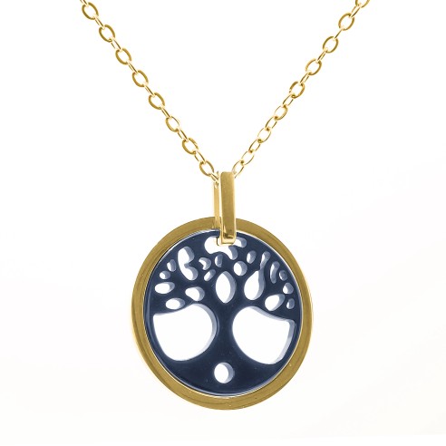 Collier acier - PVD doré - céramique bleue - arbre de vie 22mm - 40+10cm