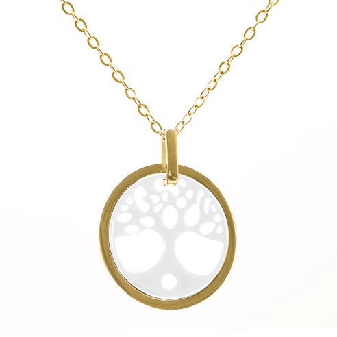 Collier acier - PVD doré - céramique blanche - arbre de vie 22mm - 40+10cm