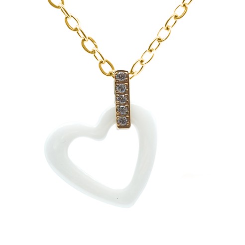 Collier acier - PVD doré - céramique blanche - zircons - coeur 18mm - 40+10cm