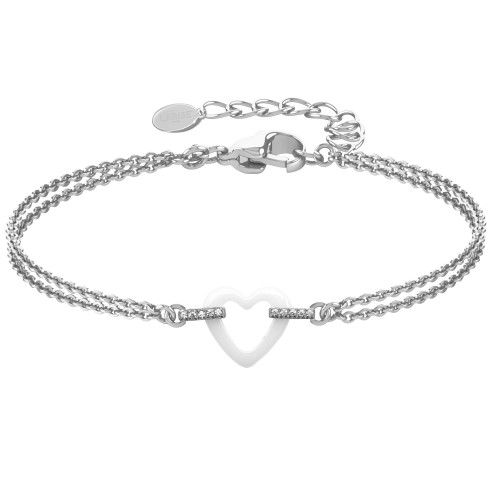 Bracelet acier - double chaine - céramique blanche - zircons - coeur 18mm - 15+5cm