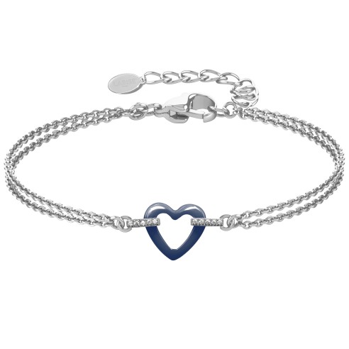 Bracelet acier - double chaine - céramique bleue - zircons - coeur 18mm - 15+5cm