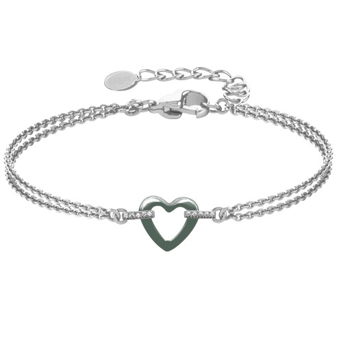 Bracelet acier - double chaine - céramique verte - zircons - coeur 18mm - 15+5cm