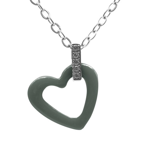 Collier acier - céramique verte - zircons - coeur 18mm - 40+10cm