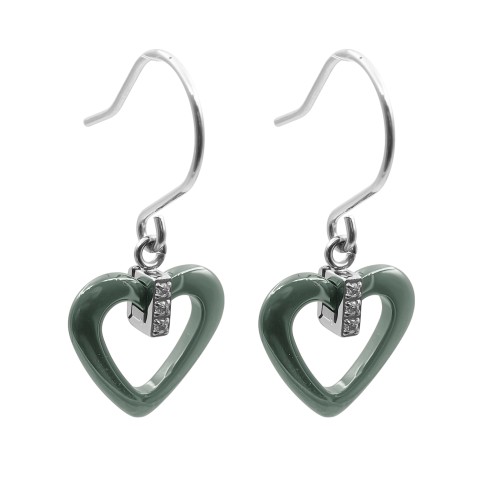 Boucles d'oreille acier - céramique verte - zircons - coeur 18mm