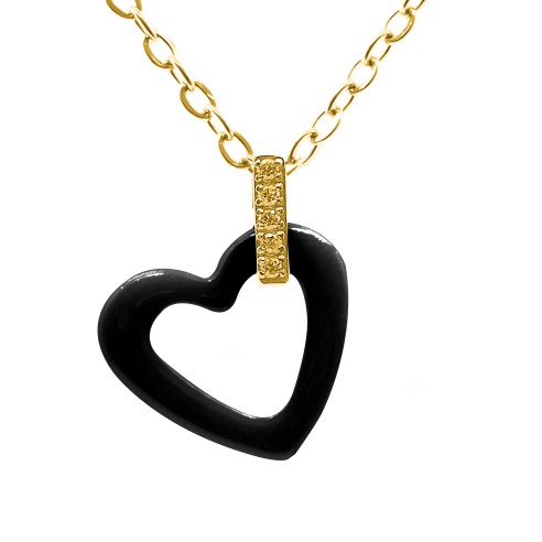 Collier acier - PVD doré - céramique noire - zircons - coeur 18mm - 40+10cm