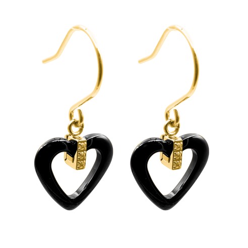 Boucles d'oreille acier - PVD doré - céramique noire - zircons - coeur 18mm