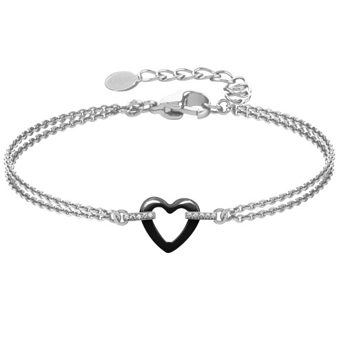 Bracelet acier - double chaine - céramique noire - zircons - coeur 18mm - 15+5cm