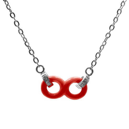 Collier acier - céramique rouge - zircons - infini 15x8mm - 38+10cm