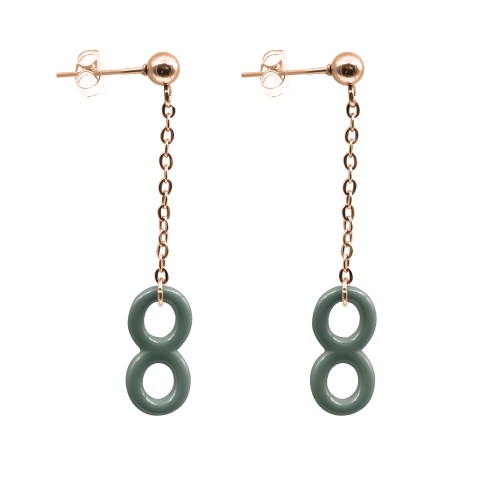 Boucles d'oreille acier - PVD rosé - céramique verte - infini 15x8mm - chaine 2cm