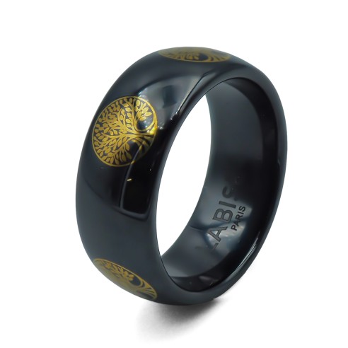 Bague céramique noire - bombée - plaqué or 18K - arbre de vie - Taille 52 à 62