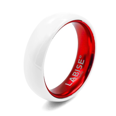 Bague en céramique blanche - intérieur aluminium rouge - 6mm -Taille 50 à 64