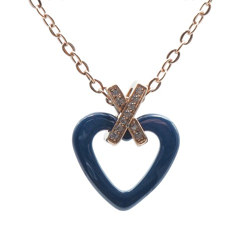 Collier acier - PVD rosé - céramique bleue - zircons - coeur 18mm - 40+10cm