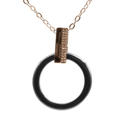 Collier acier - PVD rosé - céramique noire - zircons - cercle 20mm - 40+10cm