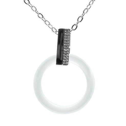 Collier acier - céramique blanche - zircons - cercle 20mm - 40+10cm