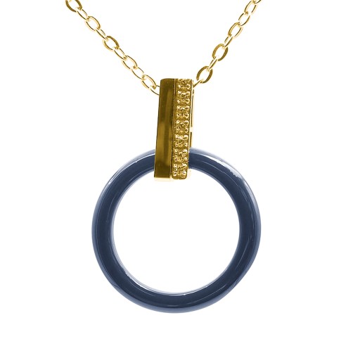 Collier acier - PVD doré - céramique bleue - zircons - cercle 20mm - 40+10cm