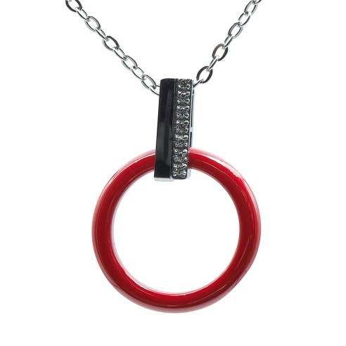 Collier acier - céramique rouge - zircons - cercle 20mm - 40+10cm