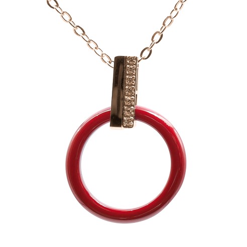 Collier acier - PVD rosé - céramique rouge - zircons - cercle 20mm - 40+10cm