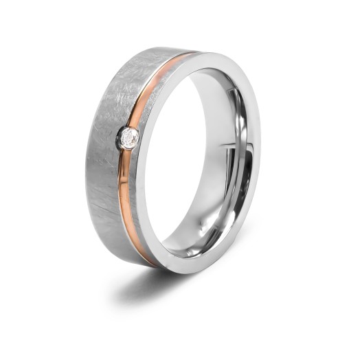 Bague en acier 2 tons - PVD rosé - largeur 6mm - zircon