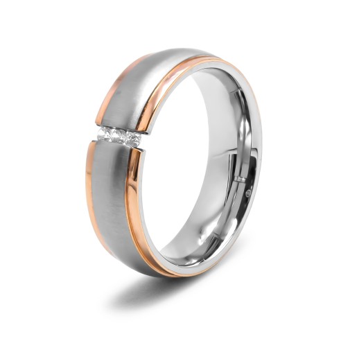 Bague en acier 2 tons - PVD rosé - largeur 6mm - zircons