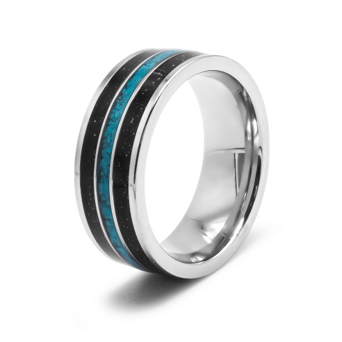 Bague en acier - 8mm - bois - turquoise imitation