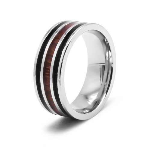 Bague en acier  - 8mm - email - bois