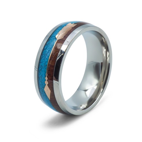 Bague en acier - 8mm - bois - turquoise imitation