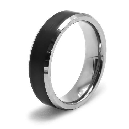 Bague tungstène - couleur argent & PVD Noir - côté biseauté 1mm chacun - largeur 8mm