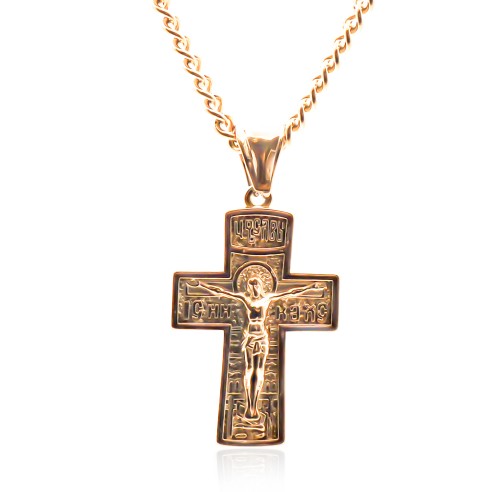 Collier en acier - doré - maille gourmette - pendentif croix jesus 29x25x3mm - 42+10cm