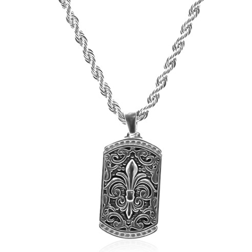 Collier en acier - couleur argent - maille corde - pendentif plaque fleur de lys 28x16x2,5mm - 55+10cm