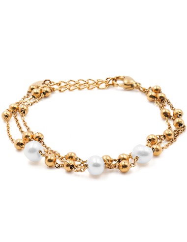 Bracelet acier dorés 2 rangs - perles naturelles - 15+4cm