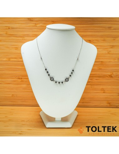 Collier argent rhodié - 2,70g - chaîne - boules facettées noires et 2 arbres de vie - 38cm + 3,5cm