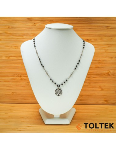 Collier argent rhodié - 4,30g - chaîne - boules facettées noires et arbre de vie pendant - double chaîne - 40cm + 5cm