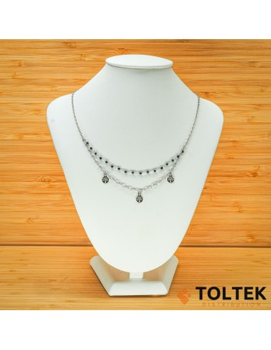 Collier argent rhodié - 4,40g - chaîne - boules facettées noires + mailles forçat et 3 arbres de vie pendants - 39cm + 5cm